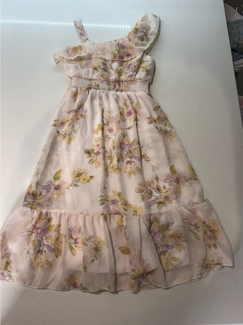 Girls' Pink Floral One-Shoulder Dress